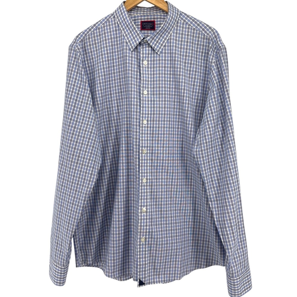 UNTUCKit Men XXL Tall Slim‎ Fit Wrinkle Free Blue Check Cotton Button Down Shirt